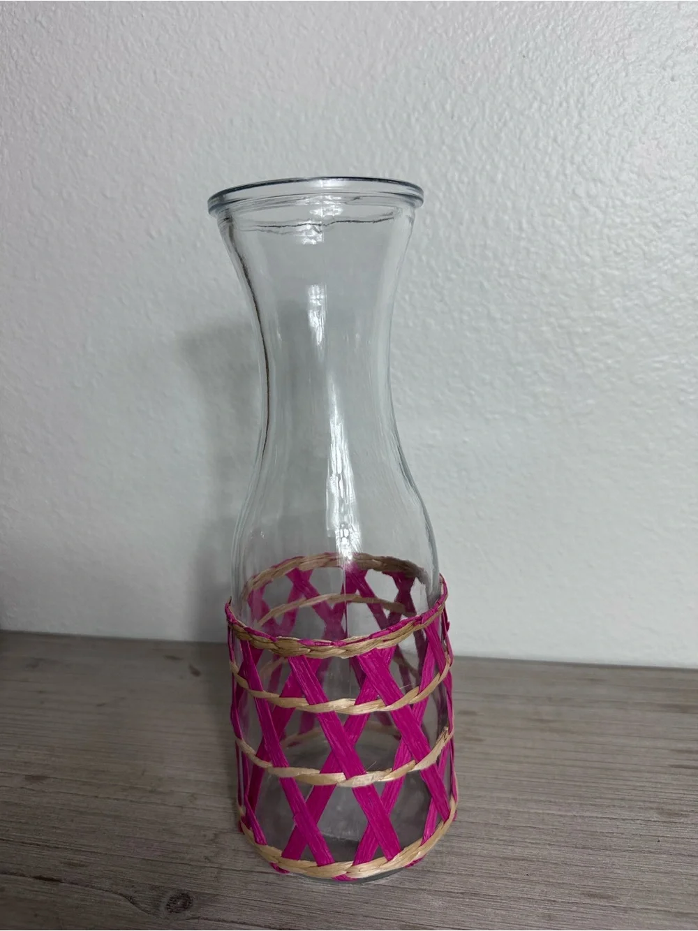 Hobby Lobby Clear Glass Carafe with Pink Woven Sleeve